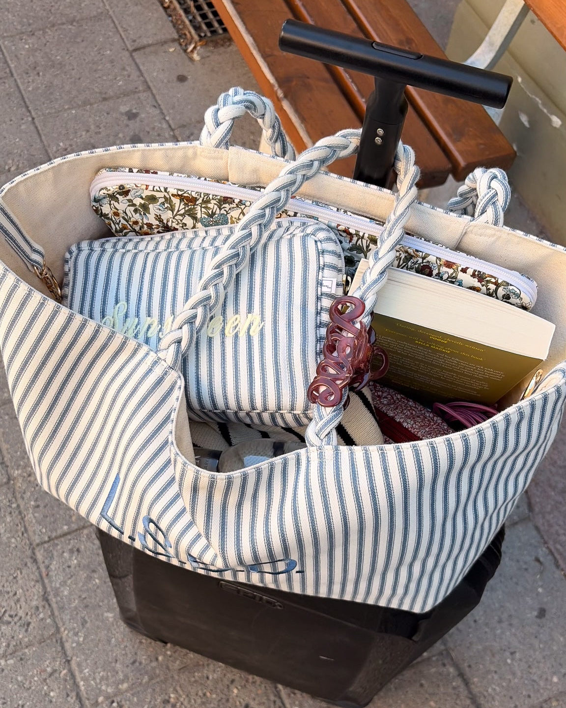 SHOPPER MW TICKING FABRIC BLUE