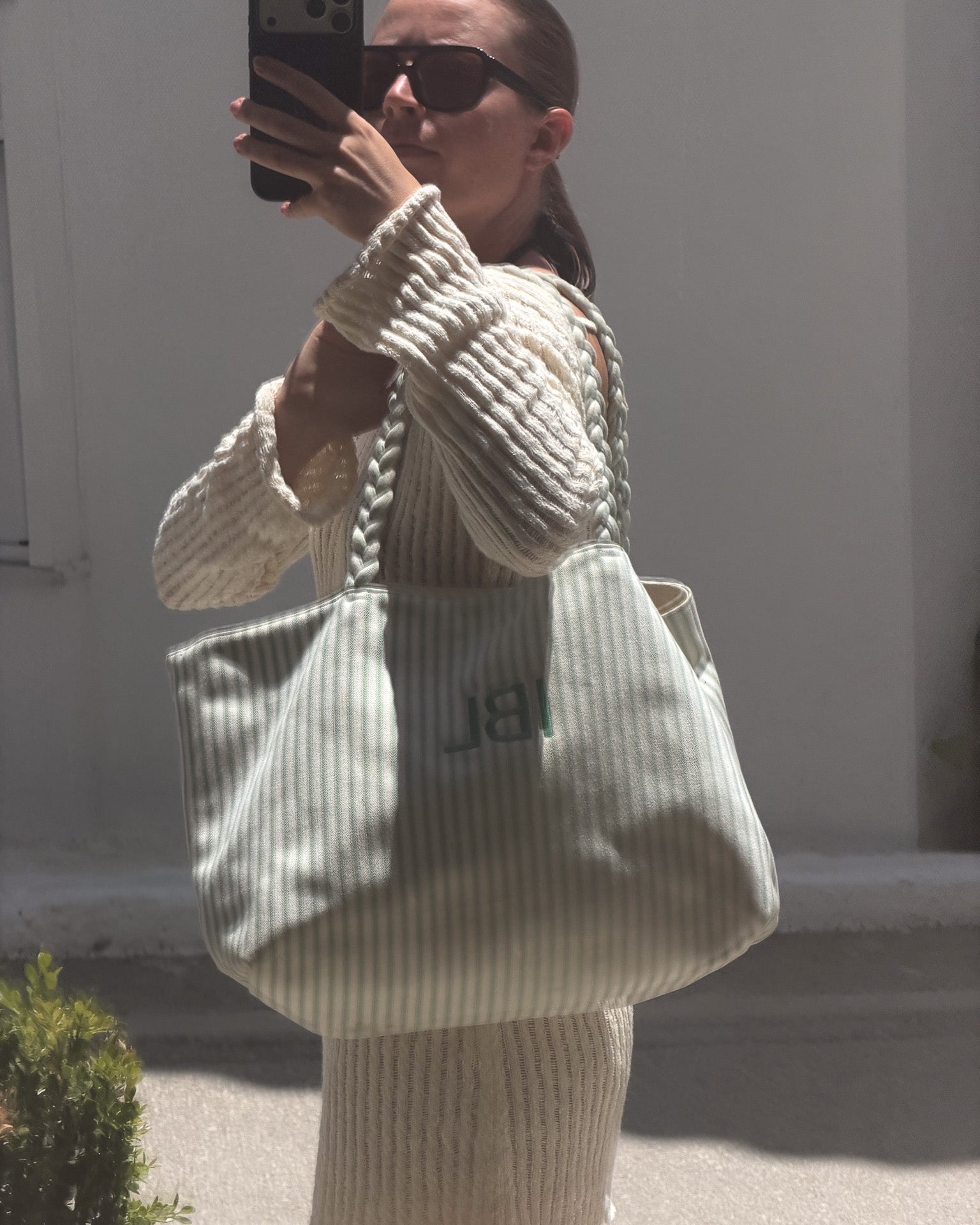 SHOPPER MW TICKING STRIPE DUSTY GREEN